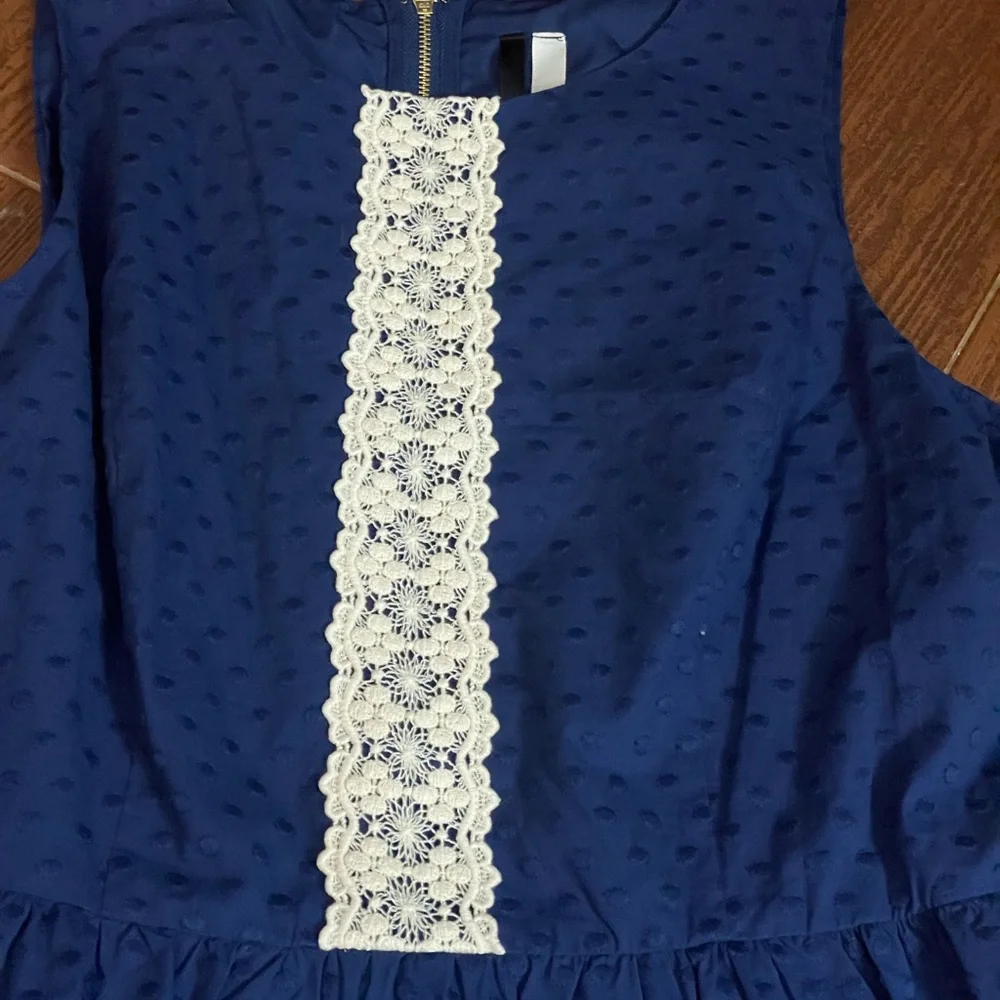 KENSIE blue cotton DRESS floral ivory lace embroidered fabric size LG sleeveless - Picture 6 of 16
